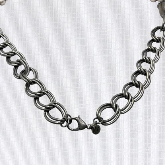 LOFT Chunky Rhinestone Statement Necklace Silver Tone Chain Ribbon Cord Braided - Picture 7 of 9